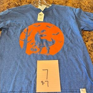 Blue T-Shirt with Orange Dinosaur Print